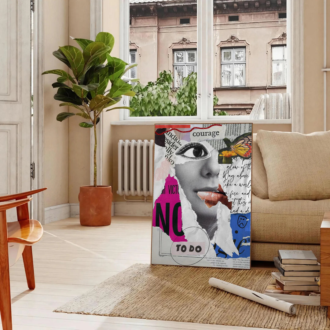 Abstract design with orange and blue tones conveying motivation and creativity - in a Parisian living room with a sofa and a fig plant