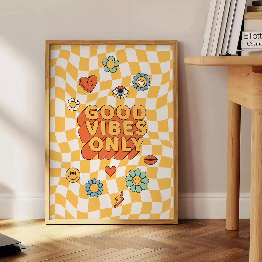 Abstract design with earthy brown and refreshing green tones, motivational theme - beside a round wooden side table with books