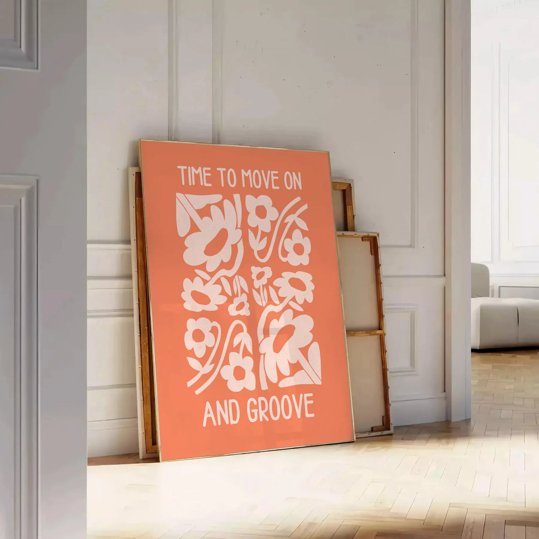 Abstract design with warm orange and brown tones promoting motivation - leaning on a herringbone floor against a white panelled wall