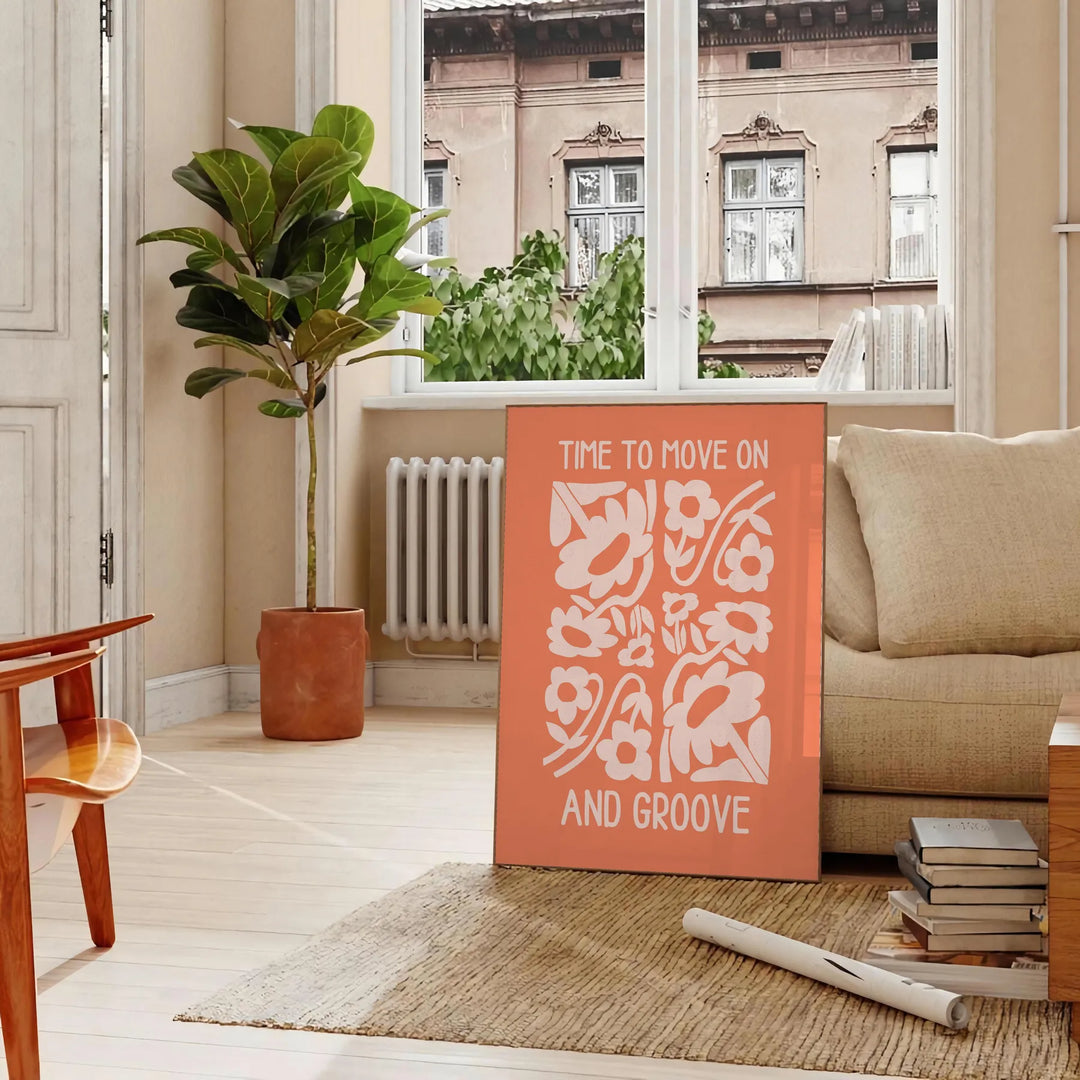 Abstract design with warm orange and brown tones promoting motivation - in a Parisian living room with a sofa and a fig plant