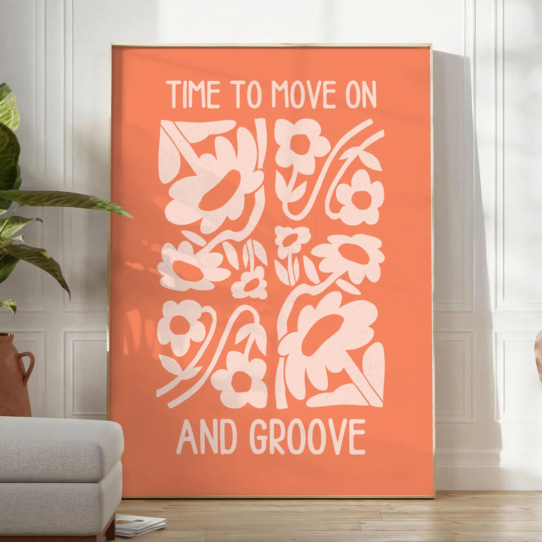 Abstract design with warm orange and brown tones promoting motivation - in a bright minimalist room with a plant and an armchair