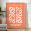 Abstract design with warm orange and brown tones promoting motivation - in a bright minimalist room with a plant and an armchair