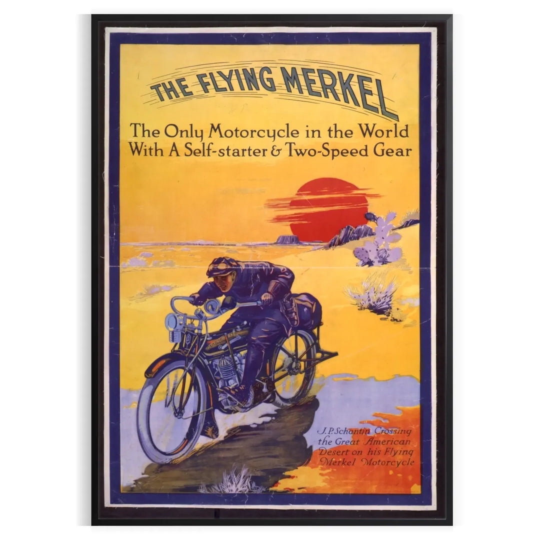 A dynamic illustration of a motorcycle on a road, with blue and yellow hues.