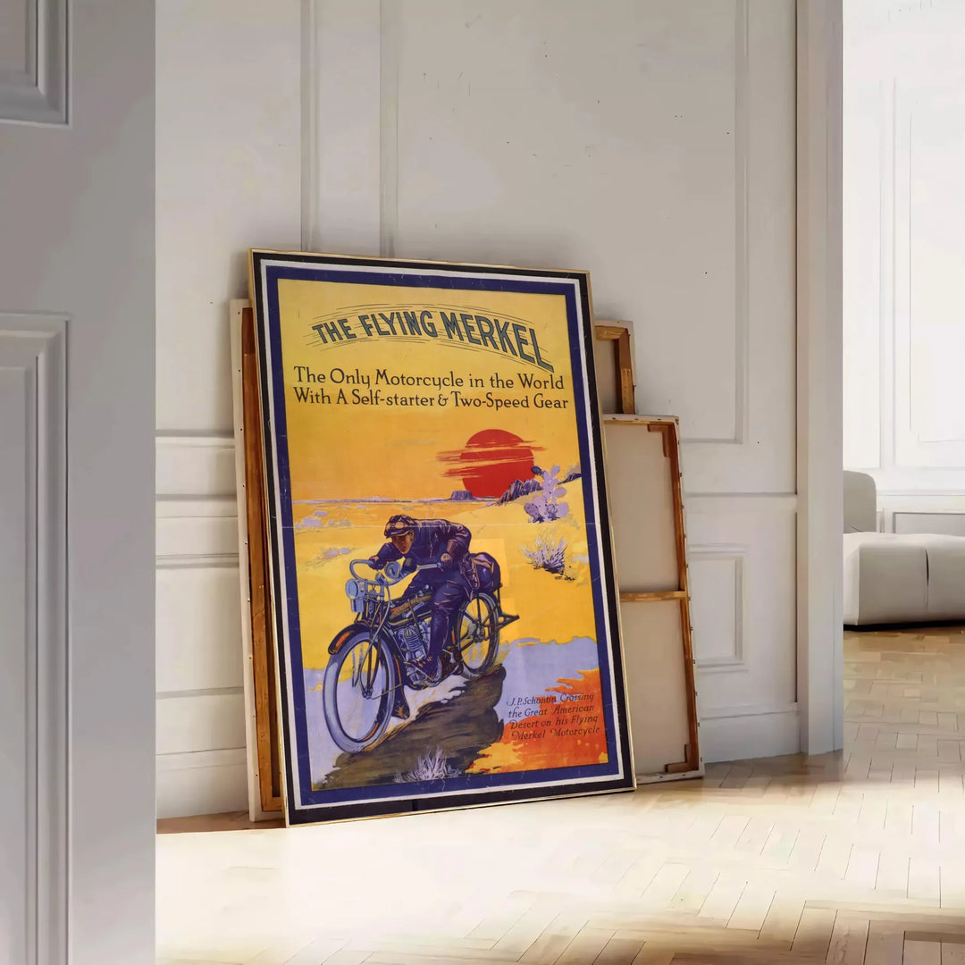 A dynamic illustration of a motorcycle on a road, with blue and yellow hues. - leaning on a herringbone floor against a white panelled wall