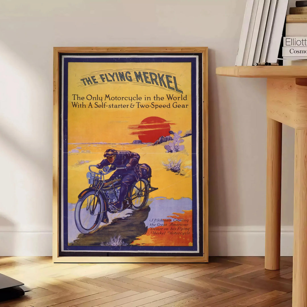 A dynamic illustration of a motorcycle on a road, with blue and yellow hues. - beside a round wooden side table with books