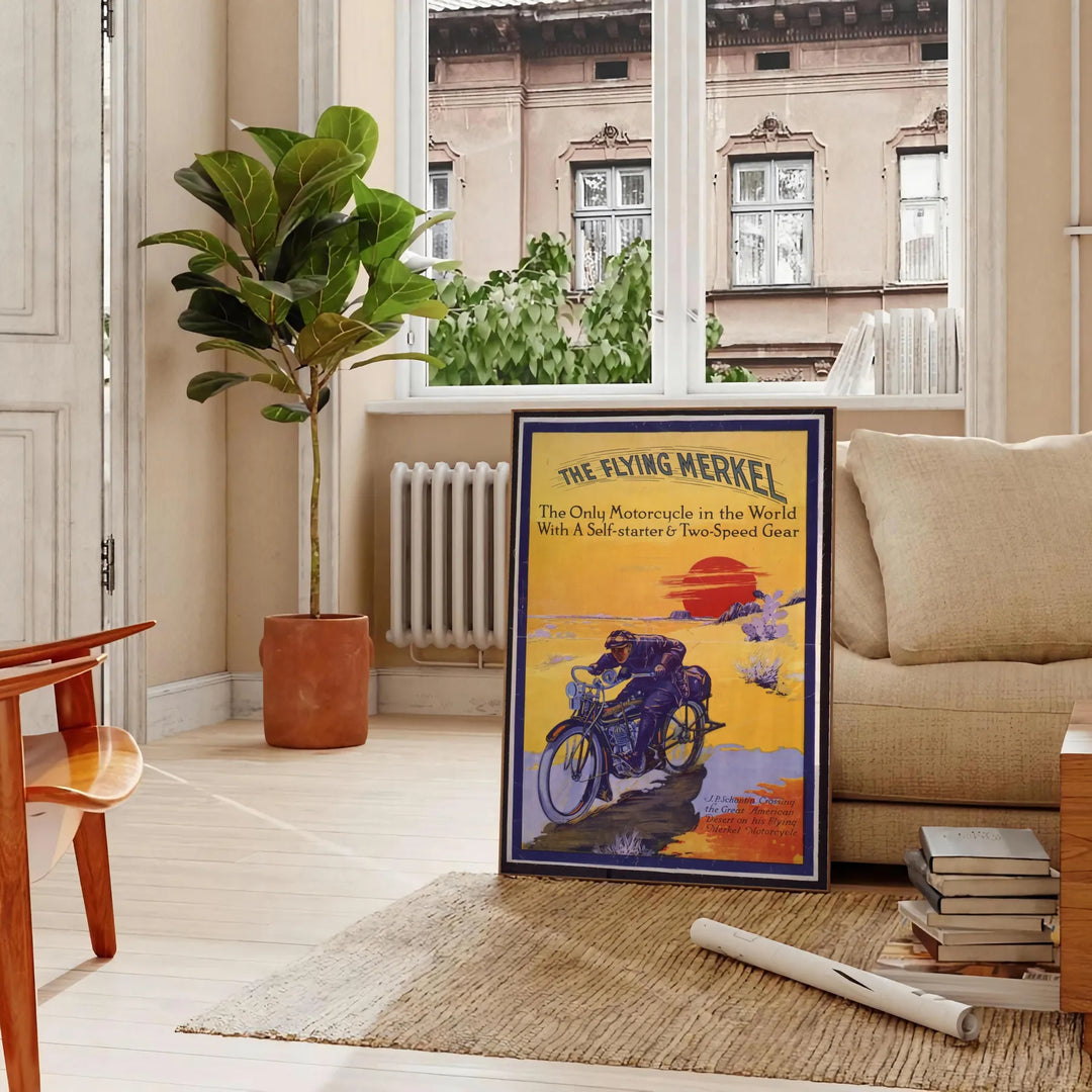 A dynamic illustration of a motorcycle on a road, with blue and yellow hues. - in a Parisian living room with a sofa and a fig plant