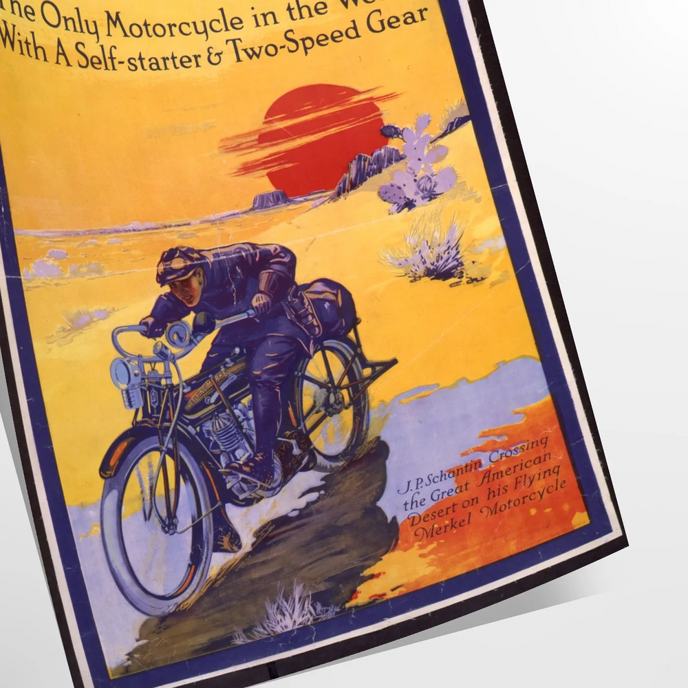 A dynamic illustration of a motorcycle on a road, with blue and yellow hues.
