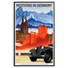 A vintage travel poster featuring a classic car on a road in Germany, with orange and blue tones. - in a black frame