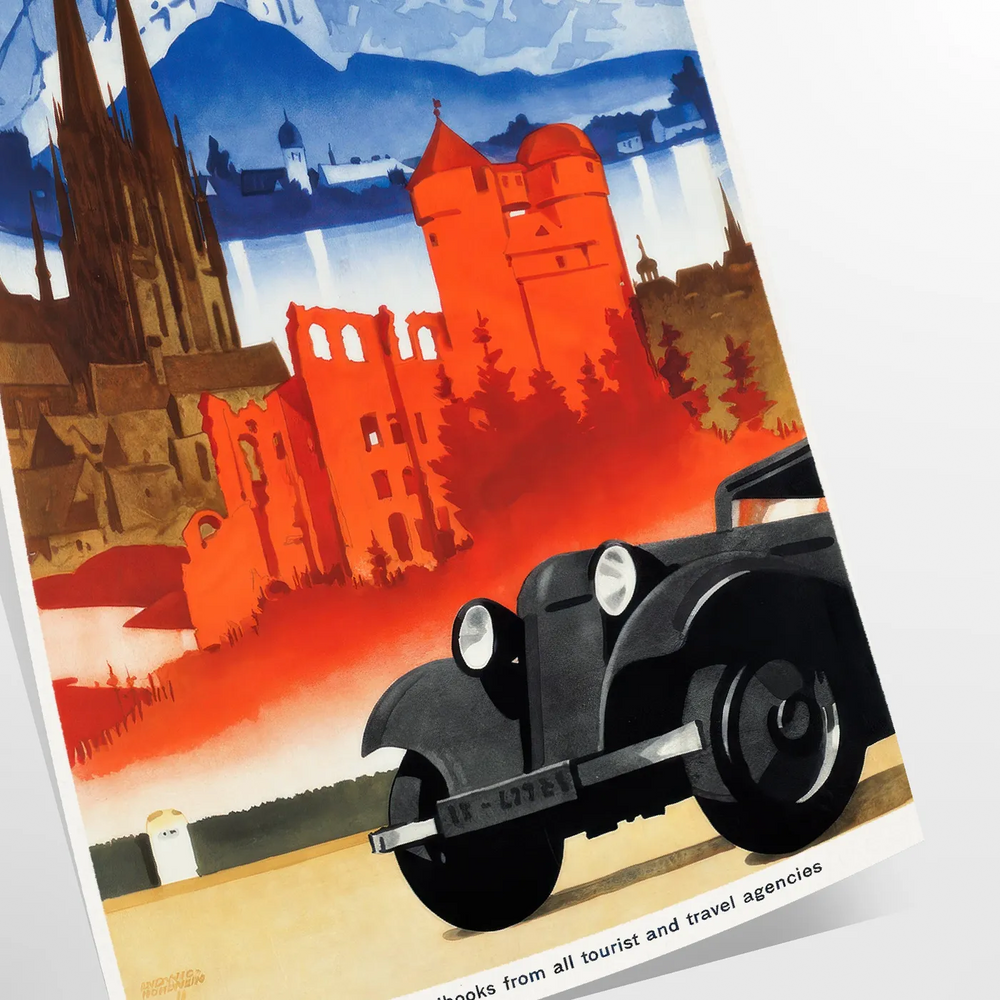 A vintage travel poster featuring a classic car on a road in Germany, with orange and blue tones.