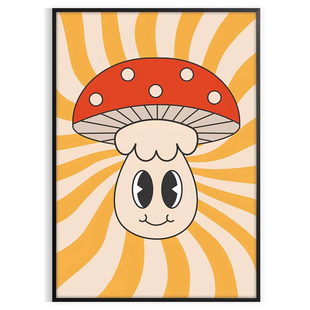 Retro-style poster featuring colorful mushrooms on a yellow background - in a black frame