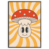 Retro-style poster featuring colorful mushrooms on a yellow background - in a black frame