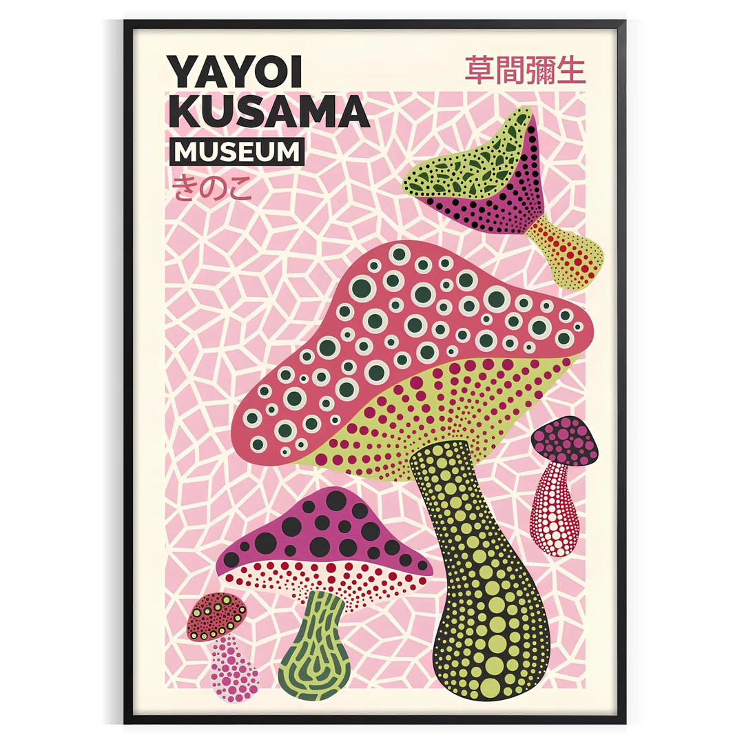 Colorful mushrooms in Yayoi Kusama's signature polka dot style