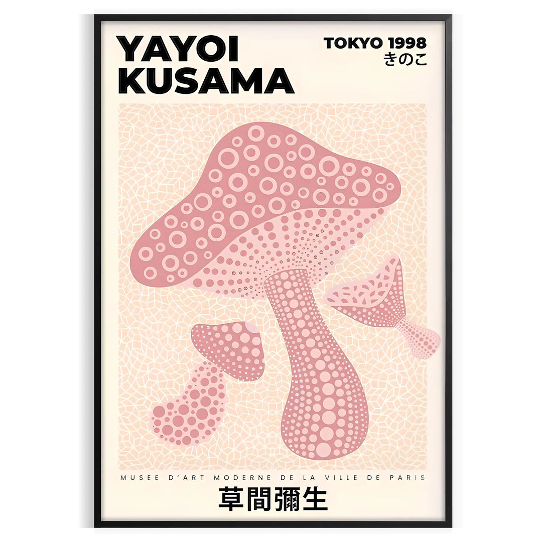 Colorful mushrooms in a whimsical style by Yayoi Kusama