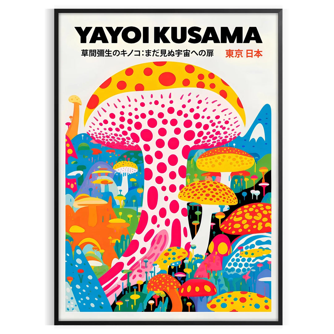 Colorful mushroom pattern by Yayoi Kusama with blue and orange hues