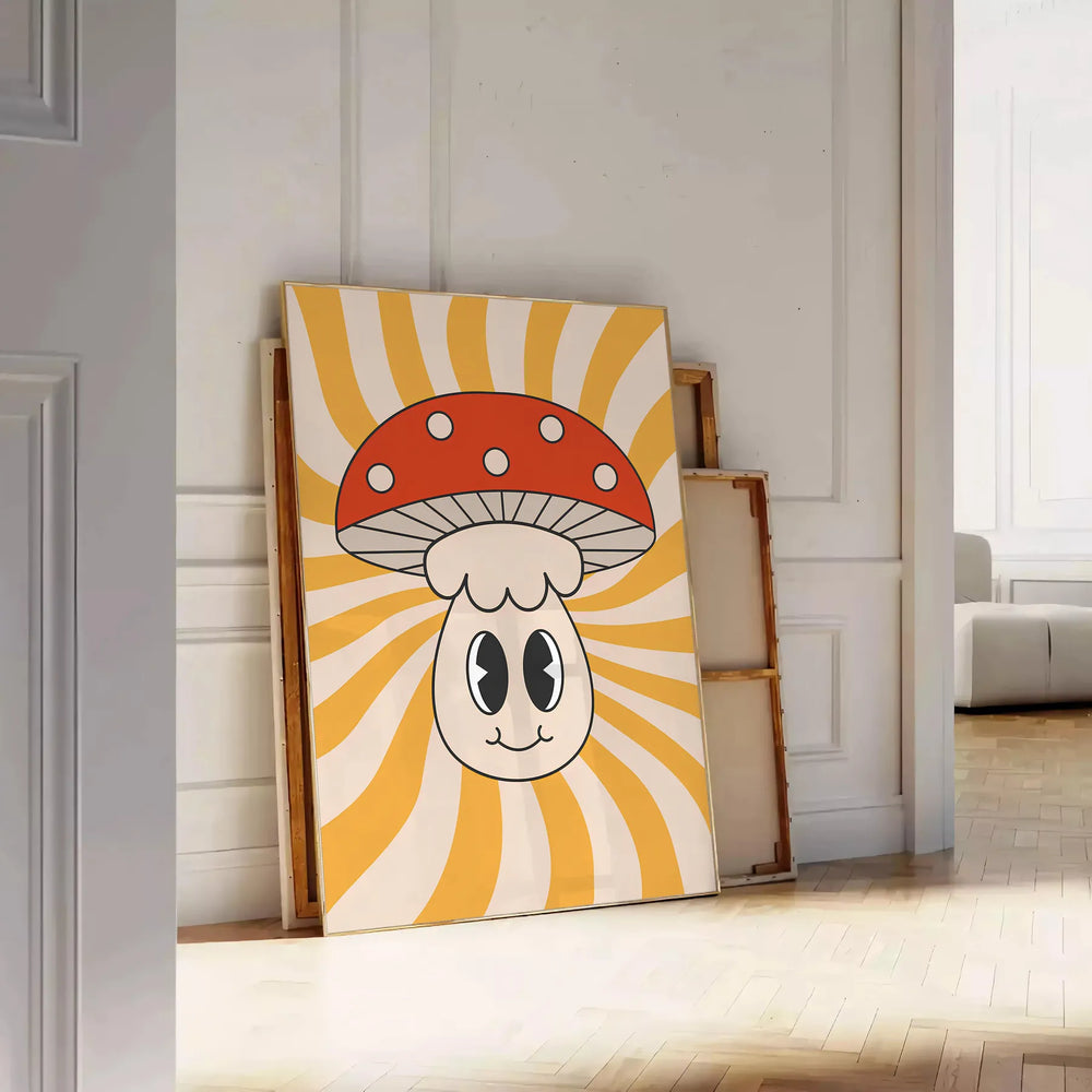 Retro-style poster featuring colorful mushrooms on a yellow background