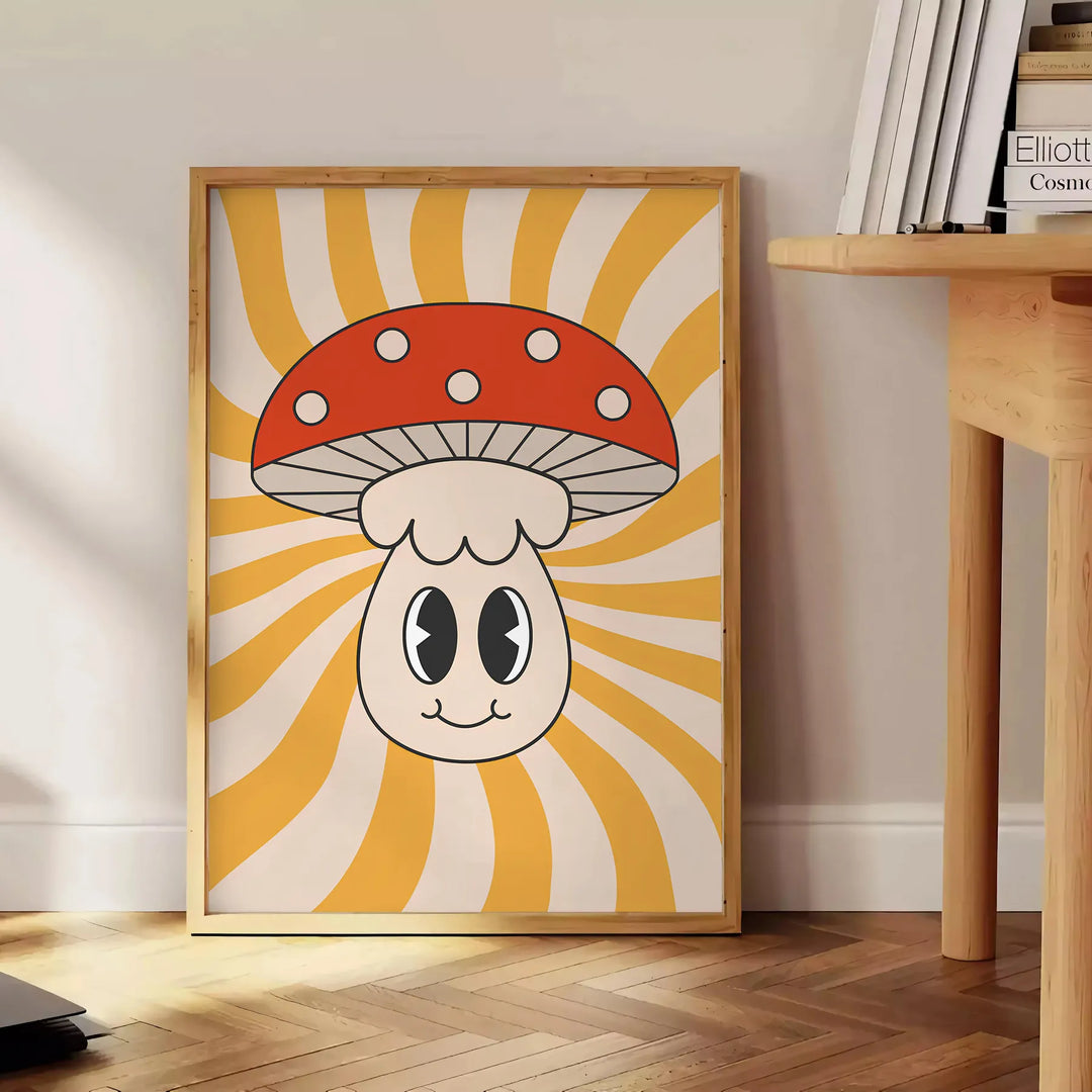 Retro-style poster featuring colorful mushrooms on a yellow background - beside a round wooden side table with books