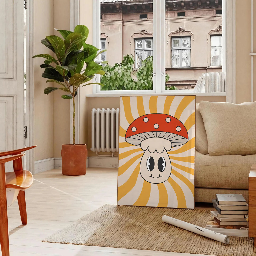 Retro-style poster featuring colorful mushrooms on a yellow background - in a Parisian living room with a sofa and a fig plant