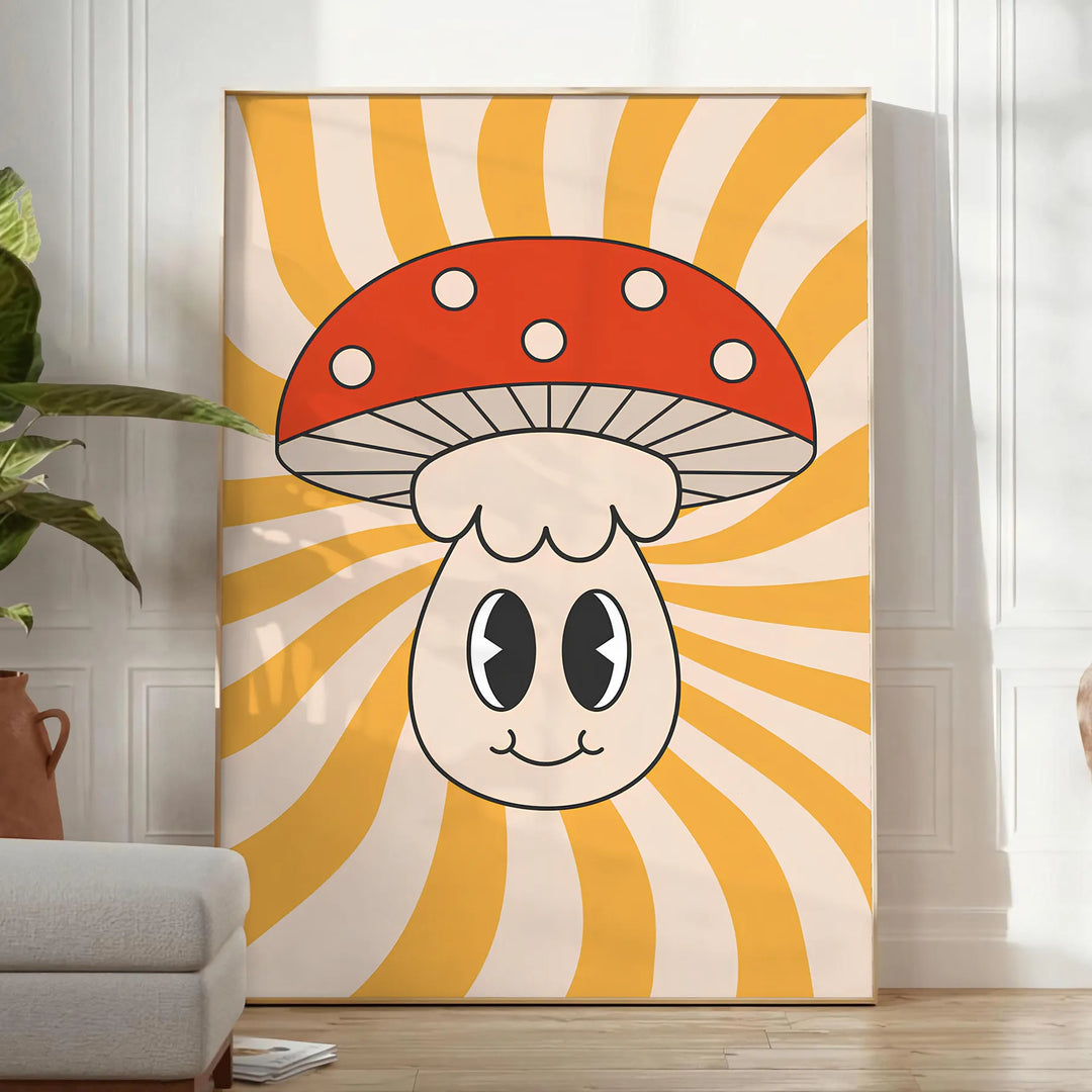 Retro-style poster featuring colorful mushrooms on a yellow background - in a bright minimalist room with a plant and an armchair