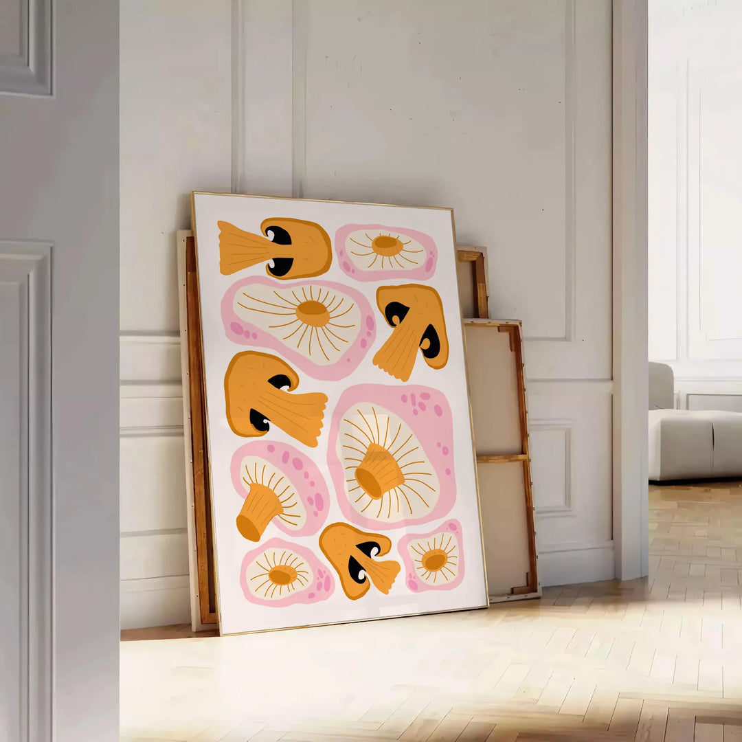 Un'illustrazione fantasiosa di funghi in tonalità verdi e nere - appoggiato su un pavimento a spina di pesce contro una parete a pannelli