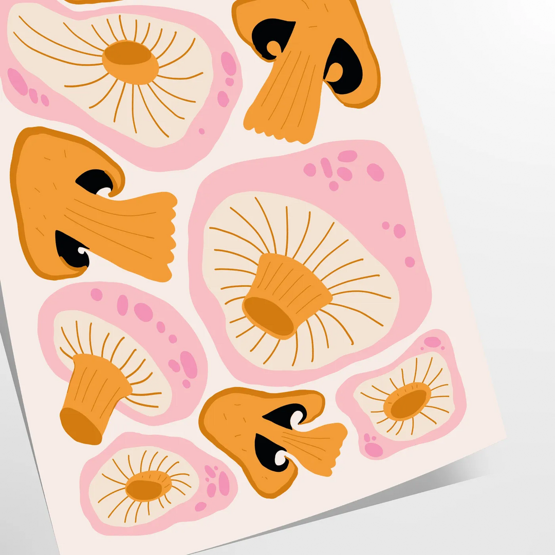 Un'illustrazione fantasiosa di funghi in tonalità verdi e nere