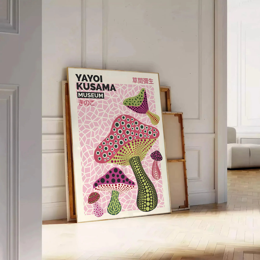 Colorful mushrooms in Yayoi Kusama's signature polka dot style - leaning on a herringbone floor against a white panelled wall