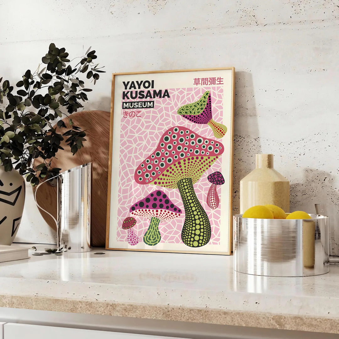 Colorful mushrooms in Yayoi Kusama's signature polka dot style - styled on a counter with eucalyptus and a bowl of lemons