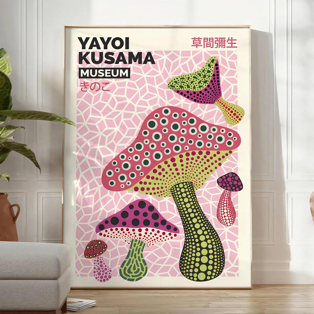Colorful mushrooms in Yayoi Kusama's signature polka dot style - in a bright minimalist room with a plant and an armchair
