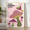 Colorful mushrooms in Yayoi Kusama's signature polka dot style - in a bright minimalist room with a plant and an armchair