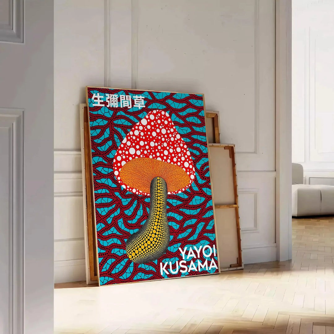 Colorful mushroom pattern with polka dots by Yayoi Kusama - leaning on a herringbone floor against a white panelled wall