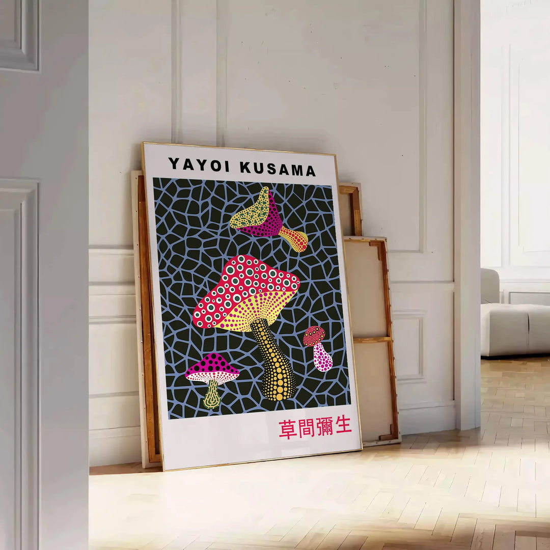Colorful mushroom pattern with polka dots by Yayoi Kusama - leaning on a herringbone floor against a white panelled wall