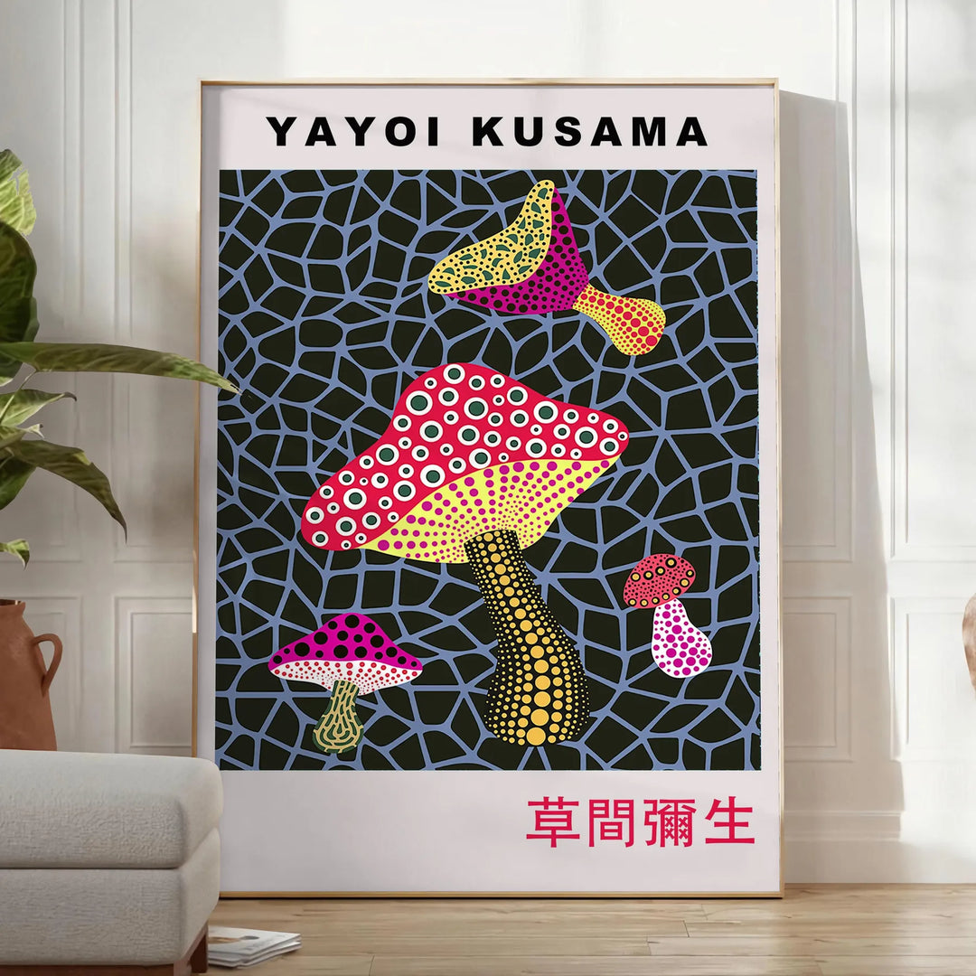 Colorful mushroom pattern with polka dots by Yayoi Kusama - in a bright minimalist room with a plant and an armchair