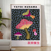 Colorful mushroom pattern with polka dots by Yayoi Kusama - in a bright minimalist room with a plant and an armchair