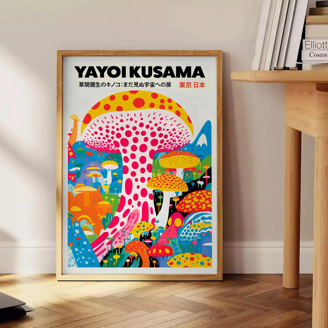 Buntes Pilzmuster von Yayoi Kusama in Blau- und Orangetönen - neben einem runden Beistelltisch aus Holz mit Büchern