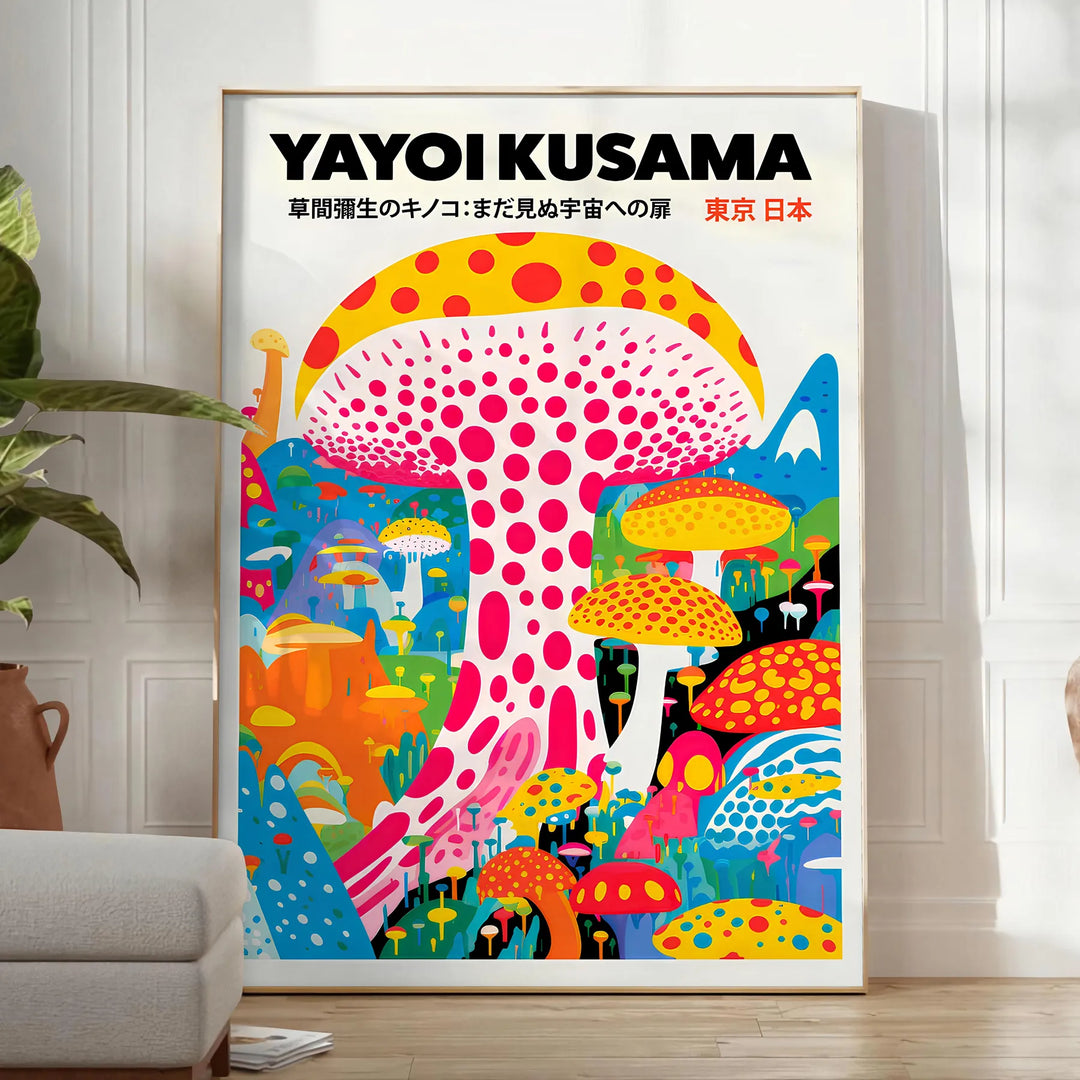 Buntes Pilzmuster von Yayoi Kusama in Blau- und Orangetönen - in einem hellen minimalistischen Raum mit Pflanze und Sessel