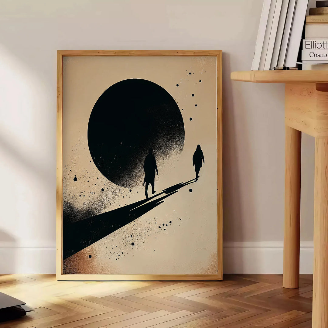 Minimalistyczny design z sylwetką człowieka na czarnym i zielonym tle - obok okrągłego drewnianego stolika z książkami