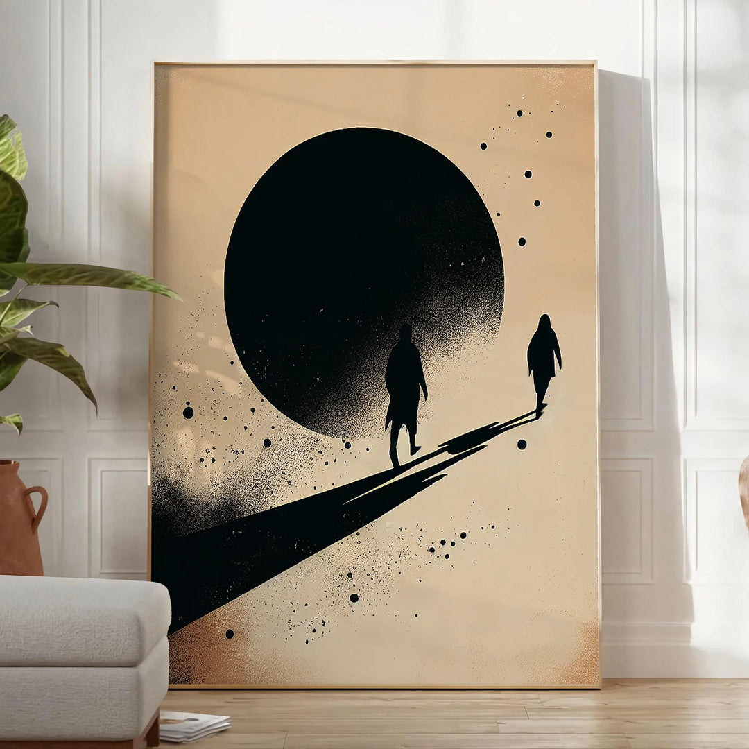 Minimalistyczny design z sylwetką człowieka na czarnym i zielonym tle - w jasnym minimalistycznym pokoju z rośliną i fotelem
