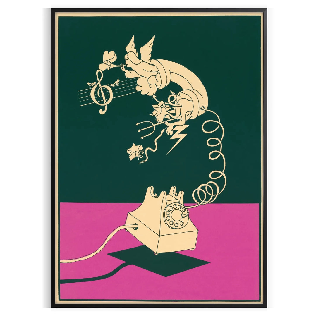 Graphic art print featuring a stylized phone with green and red hues