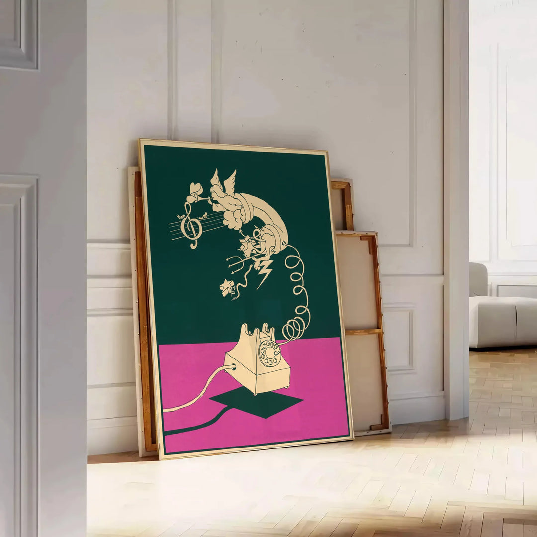Graphic art print featuring a stylized phone with green and red hues - leaning on a herringbone floor against a white panelled wall