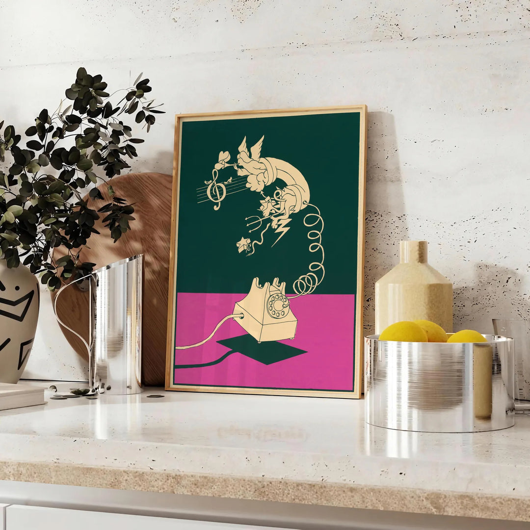 Graphic art print featuring a stylized phone with green and red hues - styled on a counter with eucalyptus and a bowl of lemons