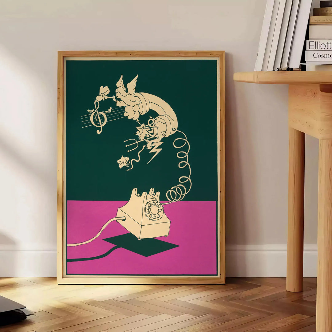 Graphic art print featuring a stylized phone with green and red hues - beside a round wooden side table with books