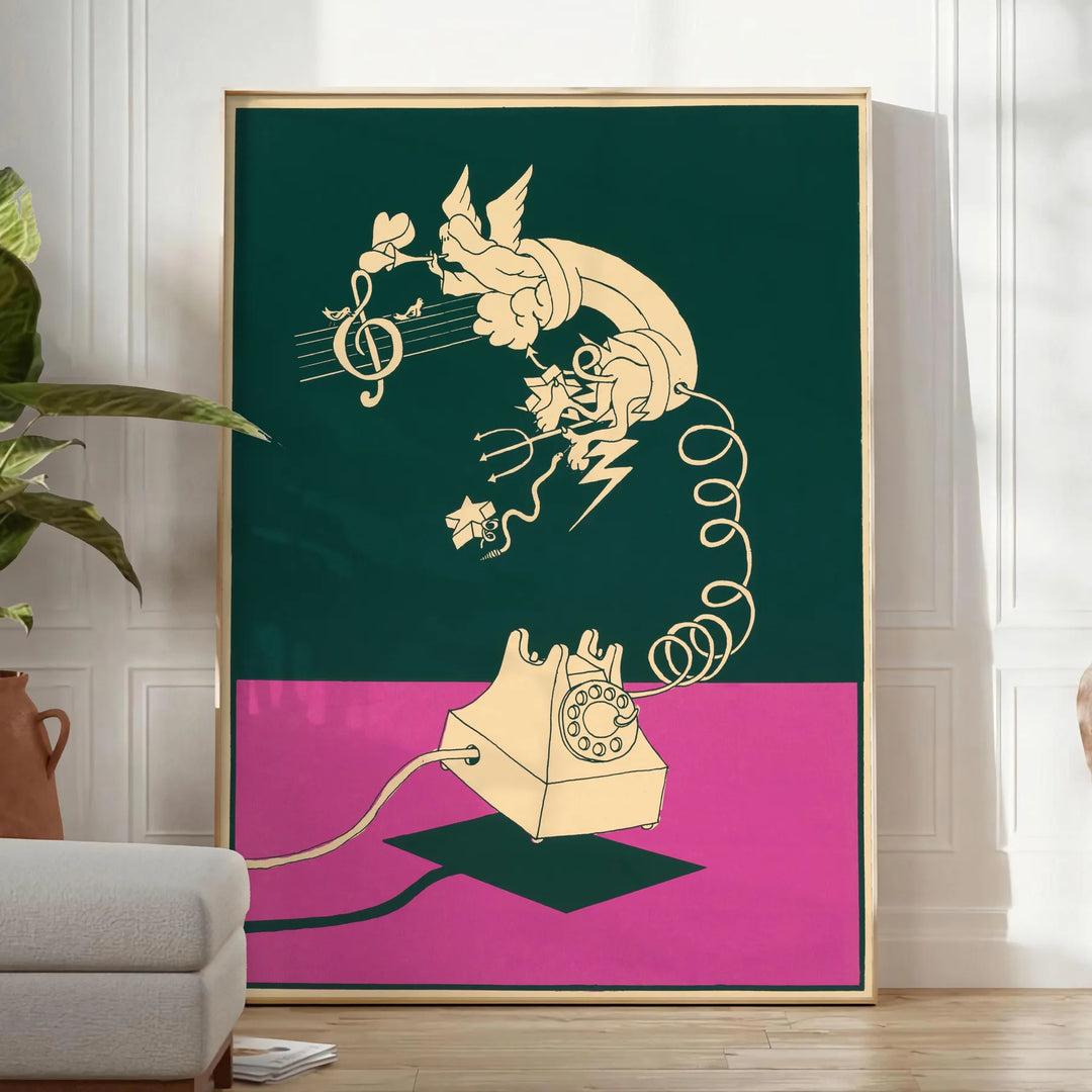 Graphic art print featuring a stylized phone with green and red hues - in a bright minimalist room with a plant and an armchair