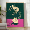 Graphic art print featuring a stylized phone with green and red hues - in a bright minimalist room with a plant and an armchair