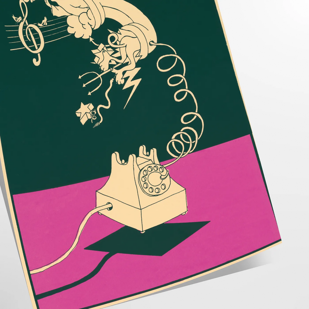 Graphic art print featuring a stylized phone with green and red hues