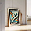 Red and white stylized butterfly stroke swimmer poster for 50 meters - leaning on a herringbone floor against a white panelled wall