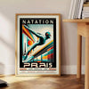 Red and white stylized butterfly stroke swimmer poster for 50 meters - beside a round wooden side table with books