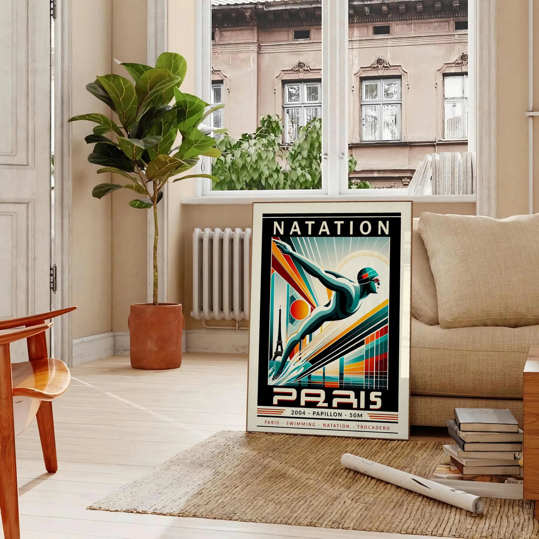 Red and white stylized butterfly stroke swimmer poster for 50 meters - in a Parisian living room with a sofa and a fig plant