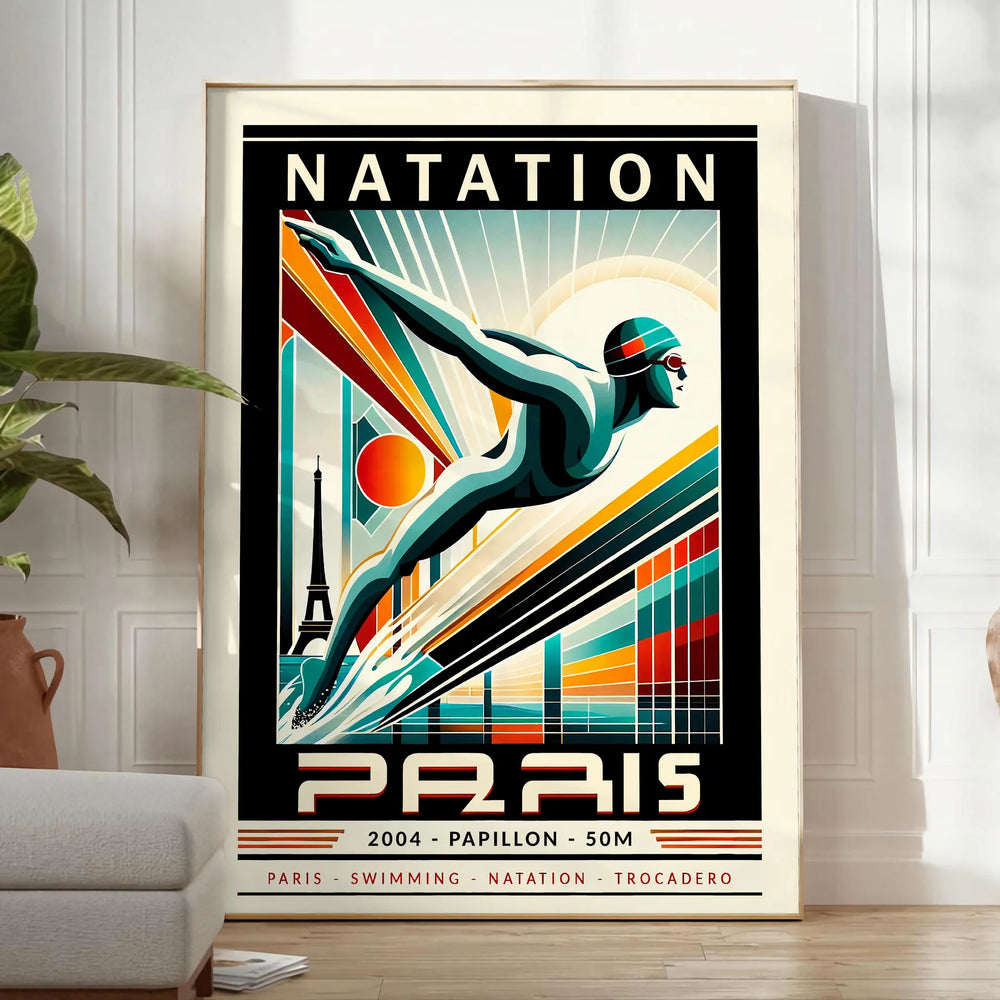 Red and white stylized butterfly stroke swimmer poster for 50 meters