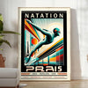 Red and white stylized butterfly stroke swimmer poster for 50 meters - in a bright minimalist room with a plant and an armchair