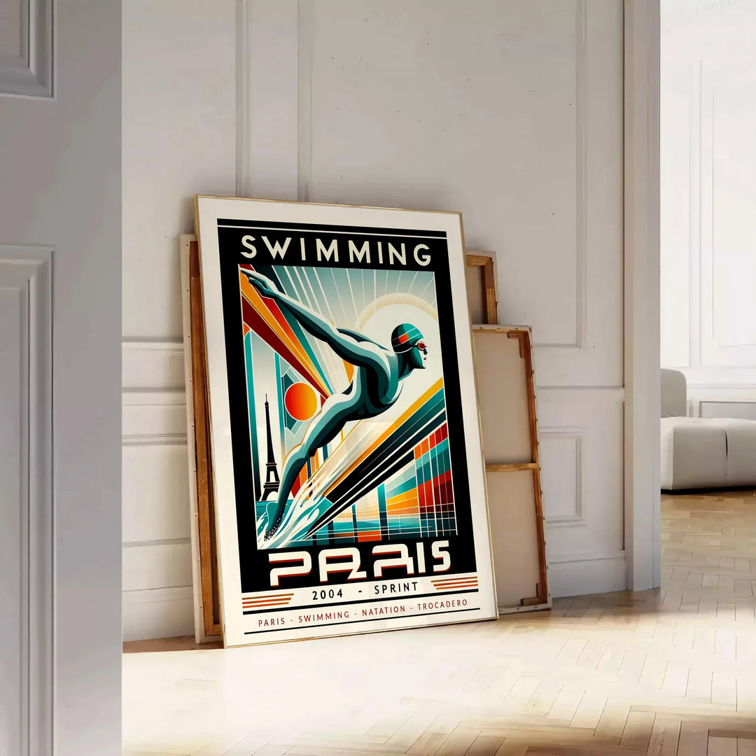 Dynamic swimmer in action, representing the 2024 Paris Olympics, with blue and white tones - leaning on a herringbone floor against a white panelled wall