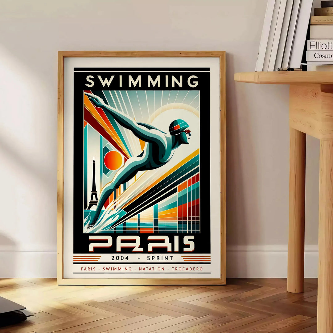 Dynamic swimmer in action, representing the 2024 Paris Olympics, with blue and white tones - beside a round wooden side table with books